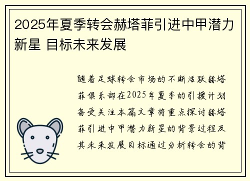 2025年夏季转会赫塔菲引进中甲潜力新星 目标未来发展